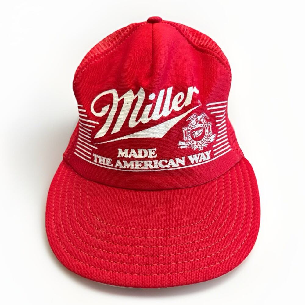 Vintage Miller Mens Red Made The American Way Snapback Mesh Trucker Hat Cap USA